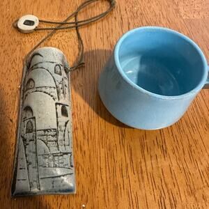 2 pieces of handmade pottery Blue and Gray Ceramic Art with Architectural Design